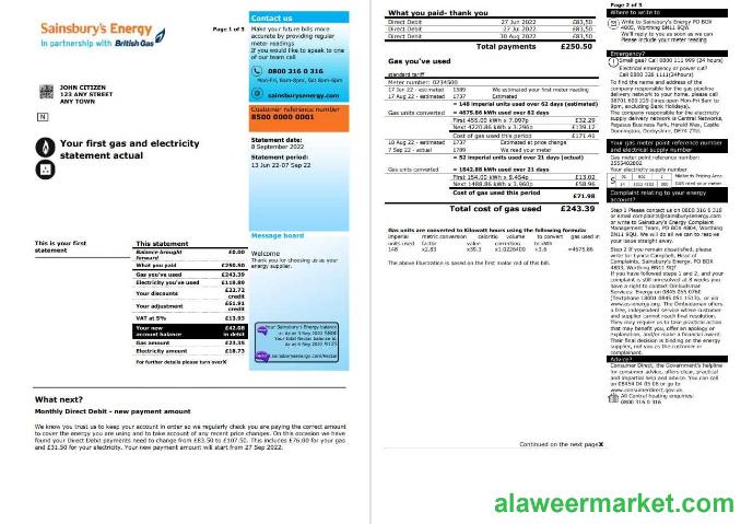 United Kingdom Sainsbury's Energy (British Gas) bill, Word and PDF template, 3 pages 1 2